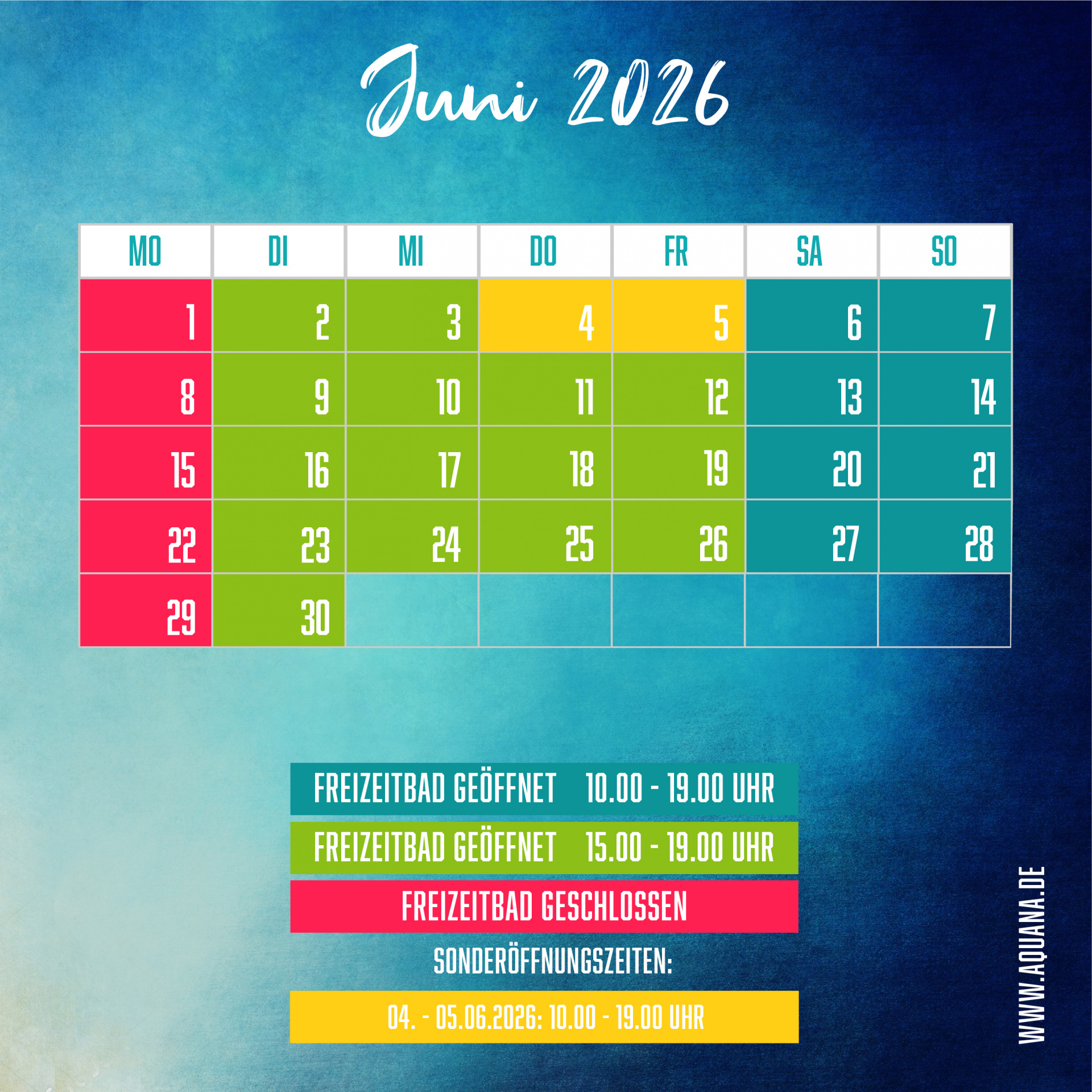 Monatskalender Juni 2026 im AQUANA